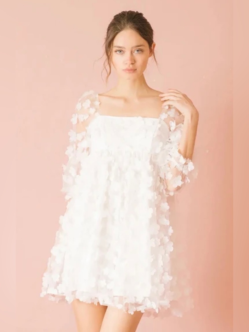 Storia White 3D Floral Square-Neck Mini Dress